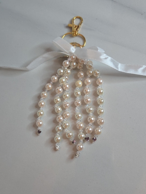 Accessories - Pearl Tassel Bag Charm Keychain with Gold Clip - Ivory